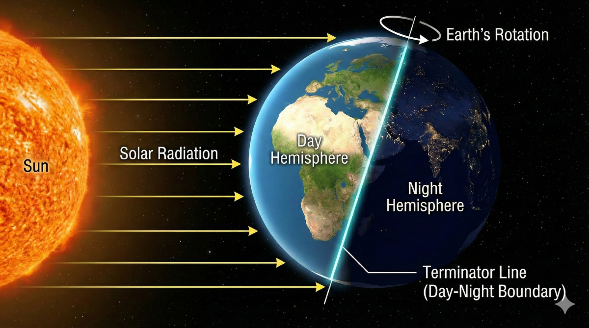 地球の自転と太陽光の関係図