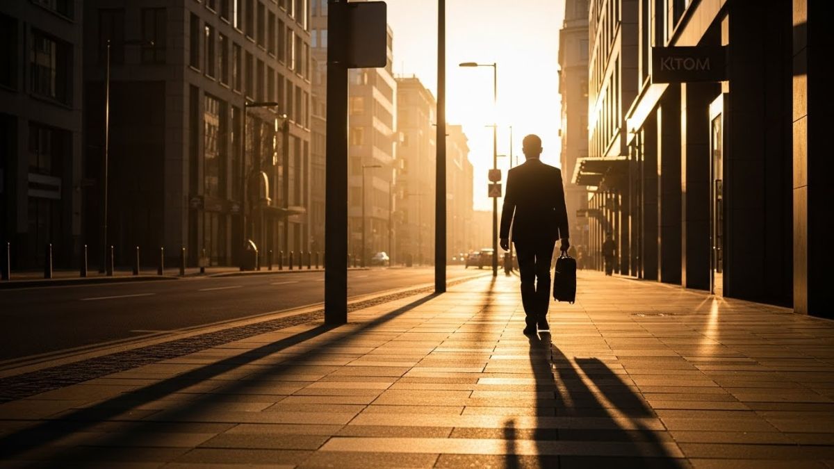 Person walking during morning commute