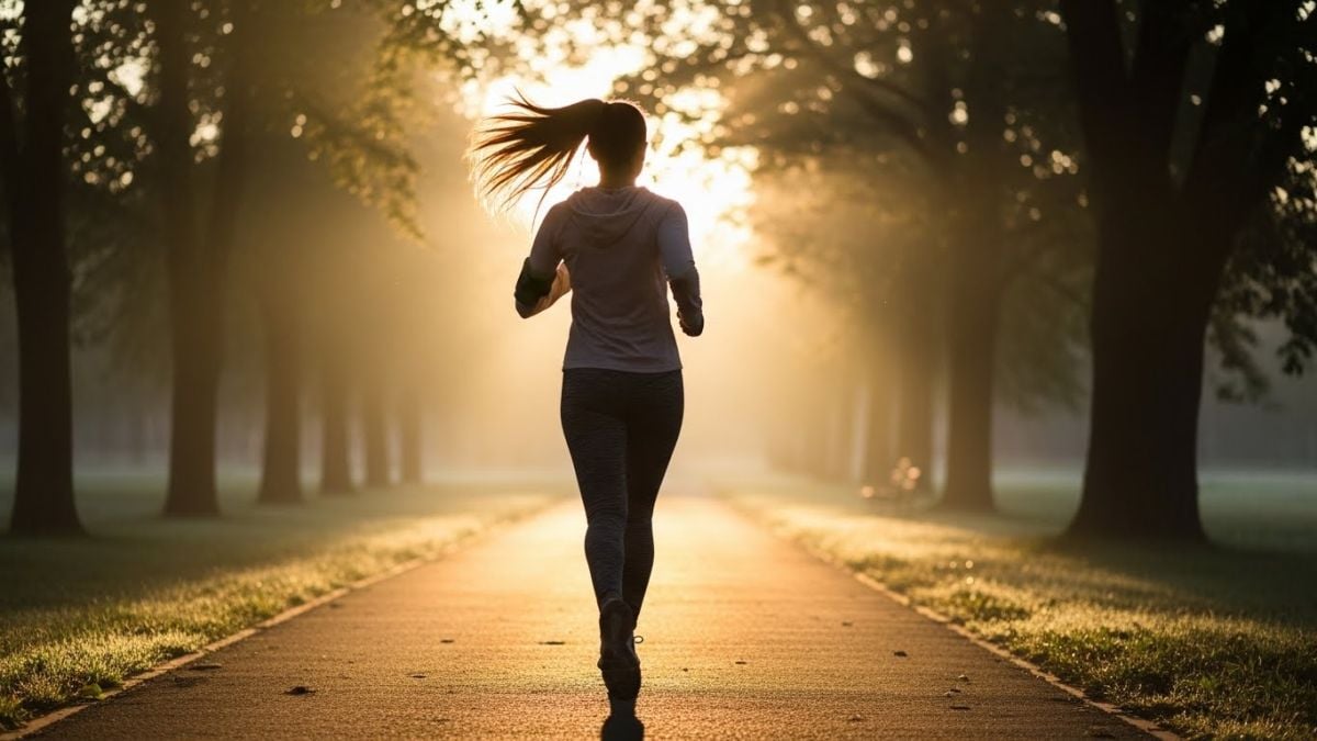 Woman running while bathing in the morning sun