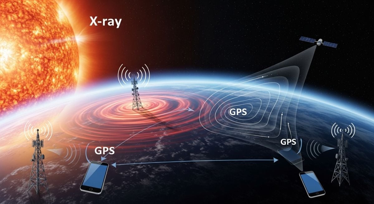 Diagram showing solar flare impacts on communications and GPS systems