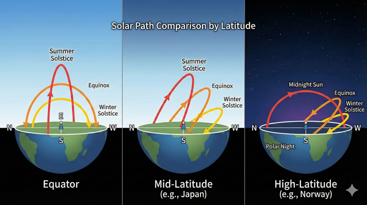 緯度別の太陽の軌道比較